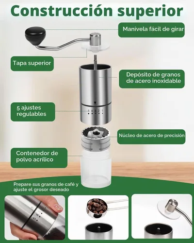 Vista 5 de Molinillo de café manual de acero inoxidable para goteo, prensa francesa, 5 ajustes ajustables, molinillo de café de mano, para uso doméstico