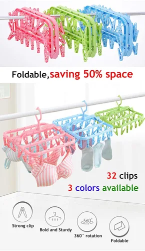 Vista 5 de Percha plegable para secar la ropa sucia, perchas con 32 clips, colgador de clip para secar ropa interior, ropa de bebé, calcetines, brasier Verde