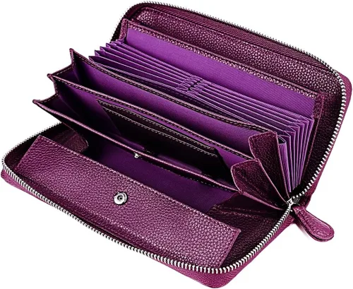 Vista 2 de Cartera para mujer con bloqueo RFID, de piel auténtica, con cremallera alrededor, cartera de mano, cartera de mano, cartera larga de viaje