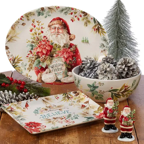 Vista 9 de Christmas Story - Juego de vajilla de 16 piezas, servicio para 4 con platos, cuencos y tazas de Papá Noel, juego de cerámica vintage con arte