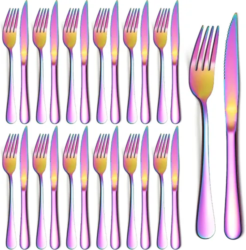 Vista 8 de Evanda Rainbow - Juego de cuchillos para carne, 12 piezas, acero inoxidable chapado en titanio arcoíris, 6 tenedores y 6 cuchillos de cena