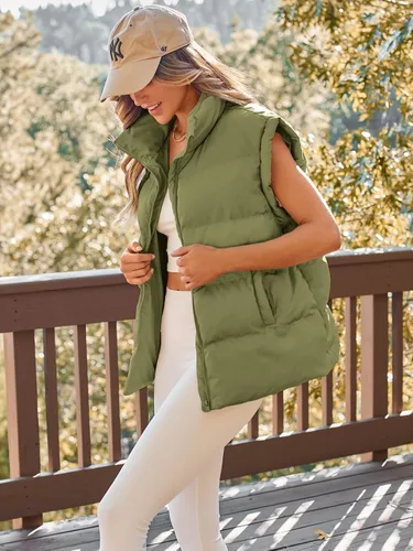 Vista 3 de AUTOMET Chalecos acolchados para mujer, chaquetas de moda de otoño, trajes hinchados, abrigos de moda sin mangas, ropa de invierno