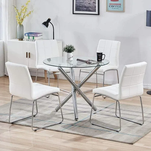Vista 3 de Mesa de comedor de cristal, mesa de comedor redonda de vidrio con tapa de vidrio templado transparente, mesa de comedor moderna, mesa de café de té