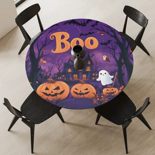 Vista 8 de Mantel redondo ajustable de Calabaza Castillo Boo de Halloween con borde elástico, cubierta de mesa impermeable limpiable lavable de Halloween
