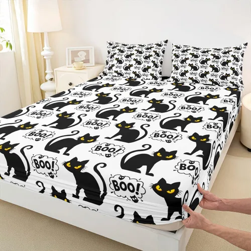 Vista 5 de Juego de sábanas bajeras con bonito diseño de gato negro para niños y niñas, diseño de dibujos animados de Halloween, gato, animales, sábanas