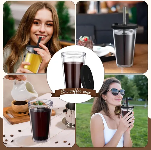 Vista 6 de Honeydak Paquete de 2 Tazas Reutilizables de 16oz para Café Helado con Tapas, Impermeables y de Pared Doble Aislada, Vaso de Café Helado de Plástico