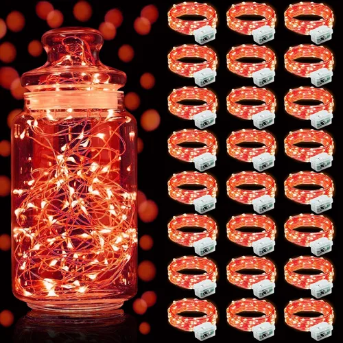 Vista 26 de Aogist Paquete de 24 luces de hadas, 3 modos, 2,1 metros, 20 luces LED, impermeables, cable plateado, funcionan con pilas, mini luces de alambre