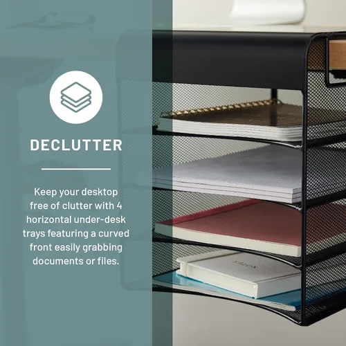 Vista 2 de Safco Onyx Organizador colgante bajo escritorio, 4 bandejas, buzón para oficina y aula, clasificador de papel y correo, malla de acero, negro