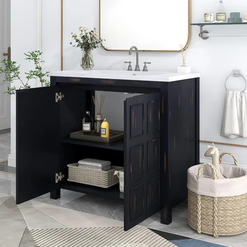 Vista 9 de Merax Moderno tocador de baño con fregadero, armario de almacenamiento de baño de 24 pulgadas con estante abierto, juego de fregadero de madera