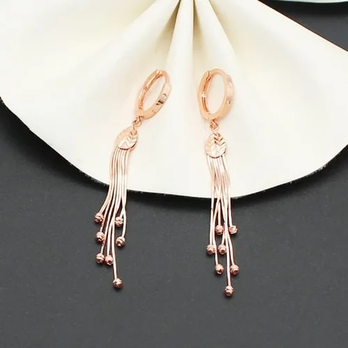 Vista 4 de SAGEKING 2024 New 585 Purple Gold Soft Chain Tassel Round Bead Drop Earrings For Women Exquisite Long Elegant Wedding 14K Rose Gold High Jewelry