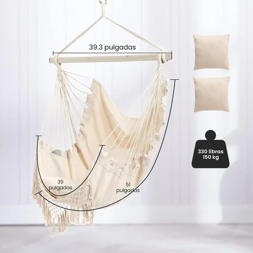 Vista 3 de Silla Hamaca, Asiento de Columpio Colgante de Cuerda con 2 Cojines, Silla Colgante de Macramé con Bolsillo Lateral con Varilla de Metal de Alta