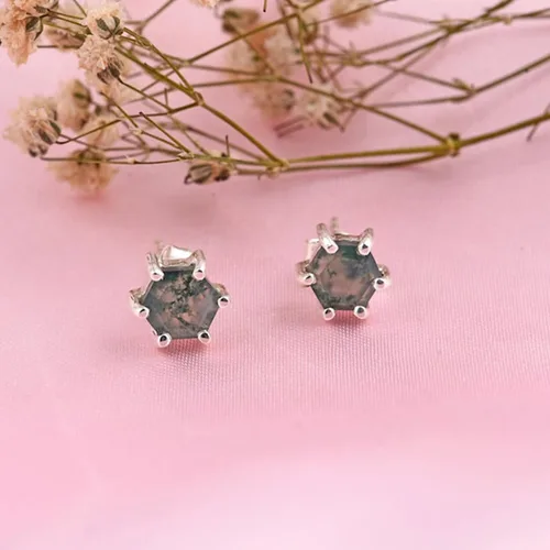 Vista 5 de Hexagon Cut moss agate studs, Natural moss agate earring, moss agate earring, nature earrings, 925 sterling silver stud,moss jewelry Free Ship