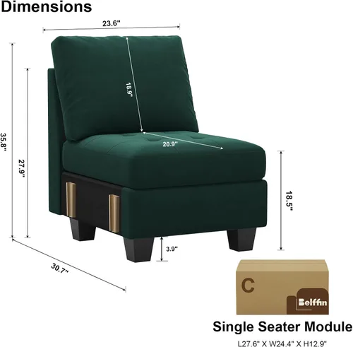 Vista 3 de Belffin Módulo de terciopelo de un solo asiento para sofá modular seccional, sofá sin brazos, tela moderna, color verde