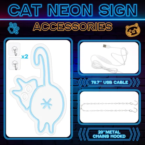Vista 2 de Retisee Letrero de neón de gato con brillo ajustable, interruptor USB, decoración de pared, adorable letrero de neón para dormitorio, zoológico