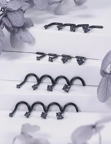 Vista 3 de Aretes de nariz de acero quirúrgico 316L, de 18 G, 0.71 oz, aretes de nariz hipoalergénicos con corazón de diamante, joyería para mujeres y hombres
