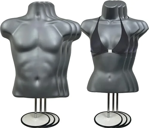 Vista 39 de Maniquí de torso masculino y femenino con soporte de metal, cuerpo con respaldo hueco, apilable, forma de vestido para exhibición de camisetas Negro