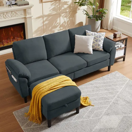 Vista 11 de Juego de 2 sofás para sala de estar, sofás convertibles en forma de L de 3 asientos con otomana y silla decorativa, sofá moderno de lino para Gris