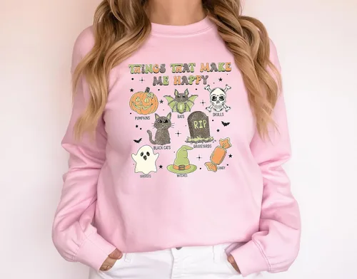 Vista 9 de Halloween Hoodies, Retro Things That Make Me Happy Halloween Sweatshirt, Cute Halloween, Graphic Tee, Cute Spooky, Skull Sweater, Graveyard