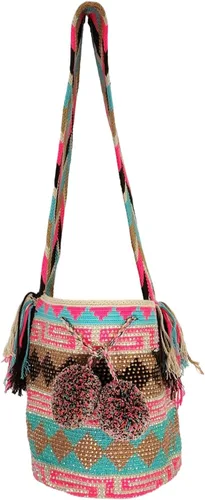 Vista 2 de Mochila Wayuu colombiana 100 % auténtica, hecha a mano, producto artesanal, bolsa de viaje cruzada de diseño único, estilos multicolor..