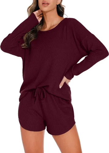 Vista 5 de PrinStory Conjunto de pijama para mujer, conjunto de 2 piezas de punto gofre, conjunto de ropa de descanso con bolsillos