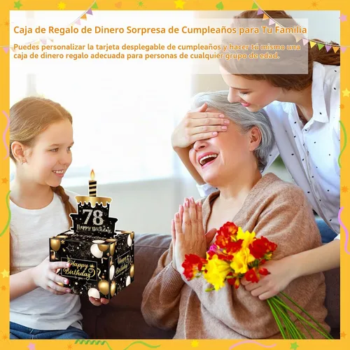 Vista 4 de Caja de regalo de cumpleaños con calcomanías de bricolaje para cualquier edad, soporte de dinero sorpresa para regalo en efectivo con tarjeta