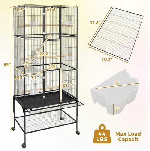 Vista 2 de GAOMON Jaula grande para pájaros – Jaula de metal para loros de 69 pulgadas con soportes de almacenamiento rodantes, pajarero ancho con bandeja