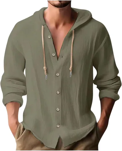 Vista 17 de Camisa de lino para hombre, casual, ligera, mexicana, guayabera, abotonada, playa, verano, sudadera con capucha y manga larga, camisa hawaiana