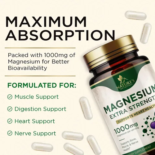 Vista 5 de Citrato de magnesio 1000 mg por porción – Magnesio extra fuerte para huesos, músculos, nervios y apoyo a la salud del corazón, suplemento