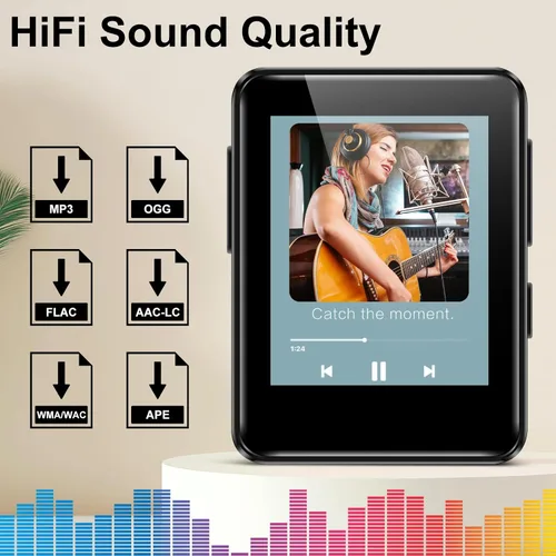 Vista 5 de Reproductor de música MP3 de 32 GB con Bluetooth, mini reproductor de música portátil con pantalla de 1.8 pulgadas, altavoces, radio FM, grabador