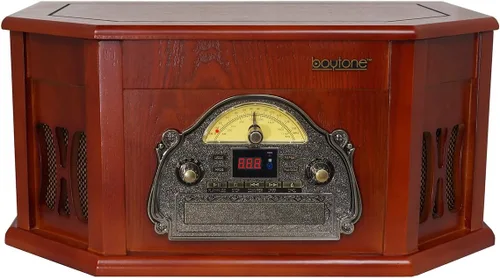 Vista 3 de Boytone BT-25CH 8-en-1 Sistema de tocadiscos clásico de madera natural estéreo con conexión Bluetooth, reproductor de discos de vinilo, AM/FM, CD
