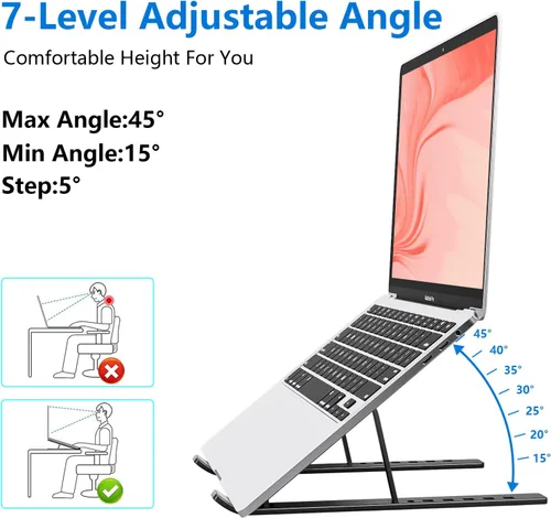 Vista 3 de Soporte para laptop de escritorio, soporte de aluminio para MacBook, elevador de computadora para escritorio, soporte portátil plegable ajustable