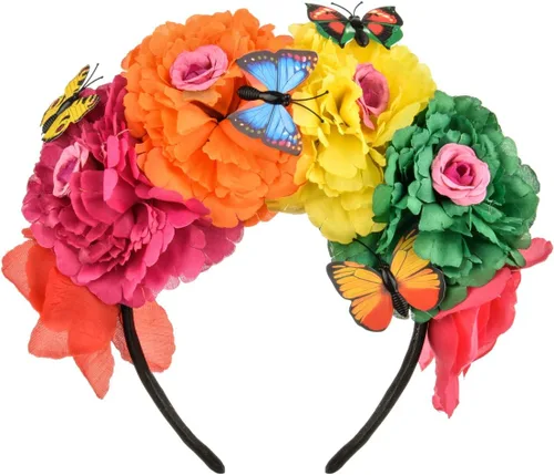 Vista 10 de DreamLily Frida Kahlo NC26 - Diadema con corona de rosas mexicanas para disfraz de fiesta de Halloween