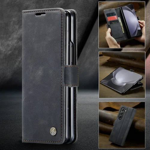 Vista 9 de Kowauri Funda para Samsung Galaxy Z Fold 5, diseño clásico de cuero con cierre magnético, con ranura para tarjetero, a prueba de golpes, funda Negro
