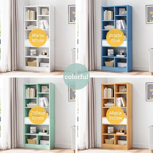 Vista 4 de IOTXY - Estantería de madera con espacios abiertos, 51" de altura, organizador de almacenamiento con 7 cubos y un cajón, estante de piso, color azul