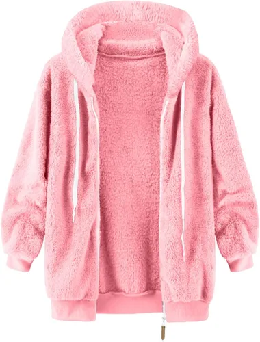 Vista 2 de Abrigo de retazos de moda para mujer, abrigo de piel de oveja sintética, cálida, mullida, con capucha y cremallera, con cordón y bolsillos