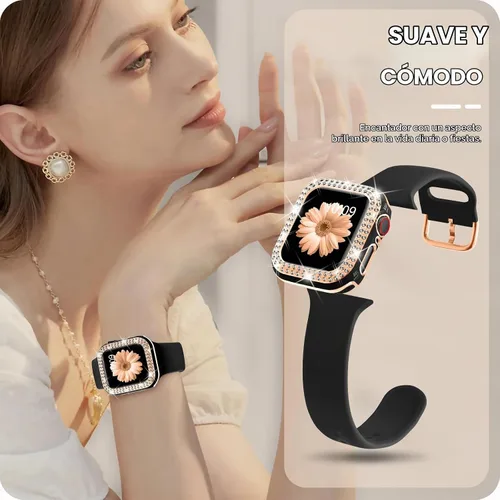 Vista 7 de DABAOZA Compatible con Apple Watch de 1.496 pulgadas con funda de parachoques con purpurina, correa ajustable de silicona negra, suave y cómoda