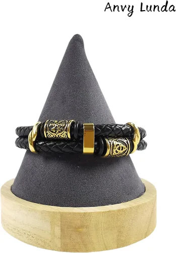 Vista 7 de Pulsera vikinga con brújula celta, brazalete de cuero trenzado negro de 14K bañado en oro para hombres, joyería de acero inoxidable 316L para mujer