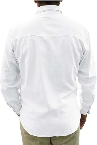 Vista 4 de Camisas Guayabera para hombre, estilo casual, con botones, de lino, de algodón, para campamento, playa, con cuello en otoño, color liso