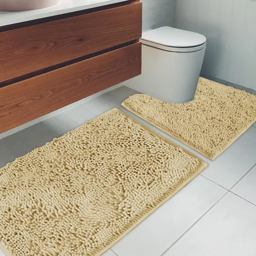 Vista 3 de Juego de 2 tapetes de baño de chenilla, superabsorbentes, con fuerte respaldo antideslizante de PVC, tapetes de baño para baño, peludos