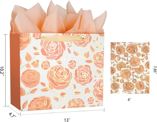Vista 2 de DecorWoo Bolsa de regalo grande de oro rosa de 13 pulgadas, bolsa de regalo floral con papel de seda y tarjeta de felicitación, elegantes bolsas