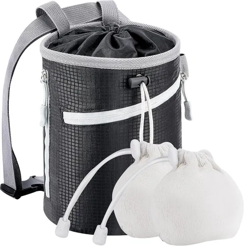 Vista 8 de Bolsa de tiza para escalada en roca, bolsa de bouldering, 2 cremalleras impermeables para gimnasia, ajuste cruzado y levantamiento (grande)