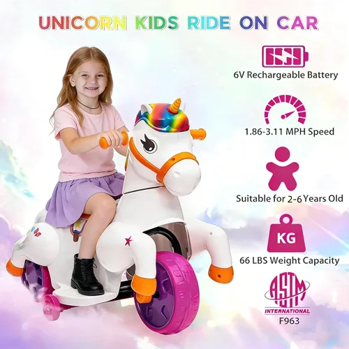 Vista 4 de Juguete de paseo en coche para niños pequeños TOBBI Juguete de paseo en unicornio para niños y niñas de 3 ruedas, motocicleta eléctrica para niños