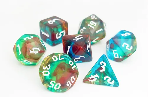 Vista 2 de Juego de Dados D&D de 7 Piezas Verde Transparente Color Mixto – Juego de Dados DND para D&D, COC, TTRPGs, Dungeons and Dragons, MTG, Accesorios