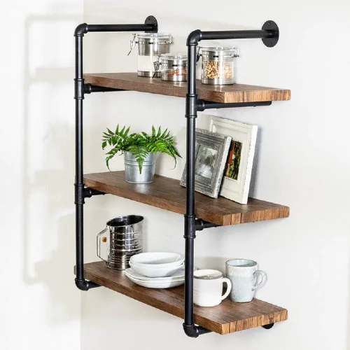 Vista 4 de Jolitac Estante de tubo industrial para almacenamiento en el hogar, soporte para colgar en la pared, estante flotante de tubo de hierro retro negro