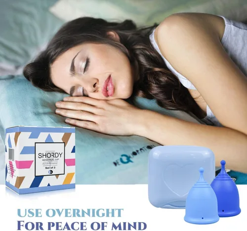 Vista 2 de SHORDY Juego de 2 tazas menstruales (pequeñas/grandes) con caja, copa menstrual suave y copas de período flexibles para mujeres de hasta 12 horas