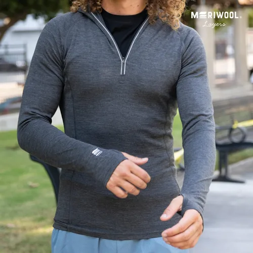 Vista 6 de MERIWOOL Sudadera con capucha para hombre, ligera, de lana merina, manga larga, térmica