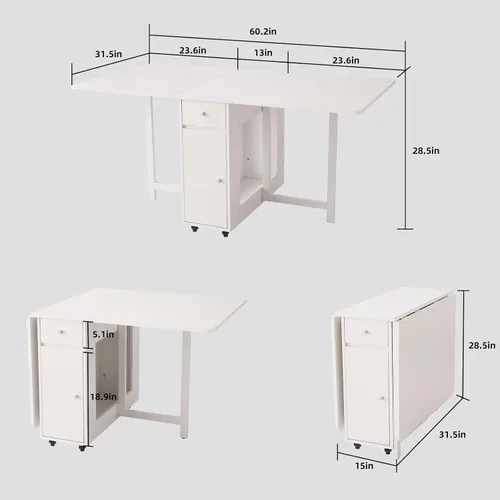 Vista 2 de COMUHOME Mesa de comedor plegable con almacenamiento para espacios pequeños Diseño plegable, 4 ruedas, 2 cajones y gabinete, madera contrachapada