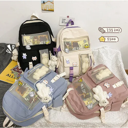 Vista 7 de HUAFOOK Mochila Kawaii con Pin Kawaii Lindos Accesorios, Mochila Kawaii Niña Bonita Mochila Estética, Beige, Mochilas Daypack