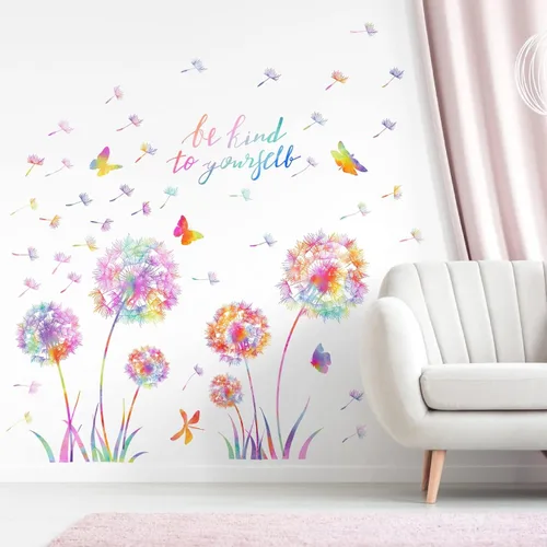 Vista 9 de Calcomanías de pared grandes de diente de león, calcomanías de pared de flores coloridas, calcomanías de pared para despegar y pegar, calcomanías