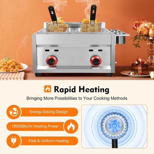 Vista 3 de Freidora comercial de gas, cocina de acero inoxidable para encimera de 12 litros con 2 cestas extraíbles de 6 litros, freidora grande de doble